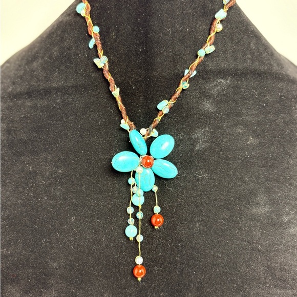 Whimsical Turquoise and Red Beaded Flower Necklace - Picture 2 of 7